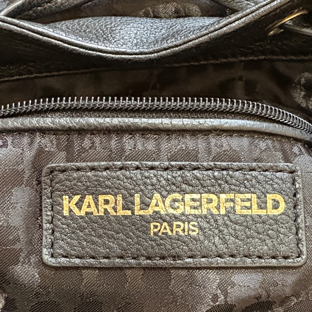Karl Lagerfeld Black Pebbled Leather Flap Backpack with Gold Logo - Picture 3 of 4